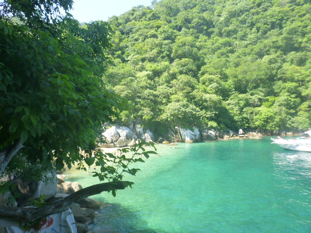 Turquoise bay surrounded by lush green jungle cliffs with a small boat on the water in Puerto Vallarta