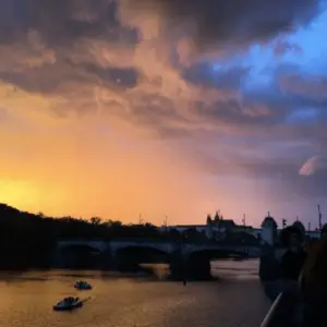 Screen Shot 2017-09-22 at 11.26.51 am Sunset over Prague river and bridges with city skyline in the distance