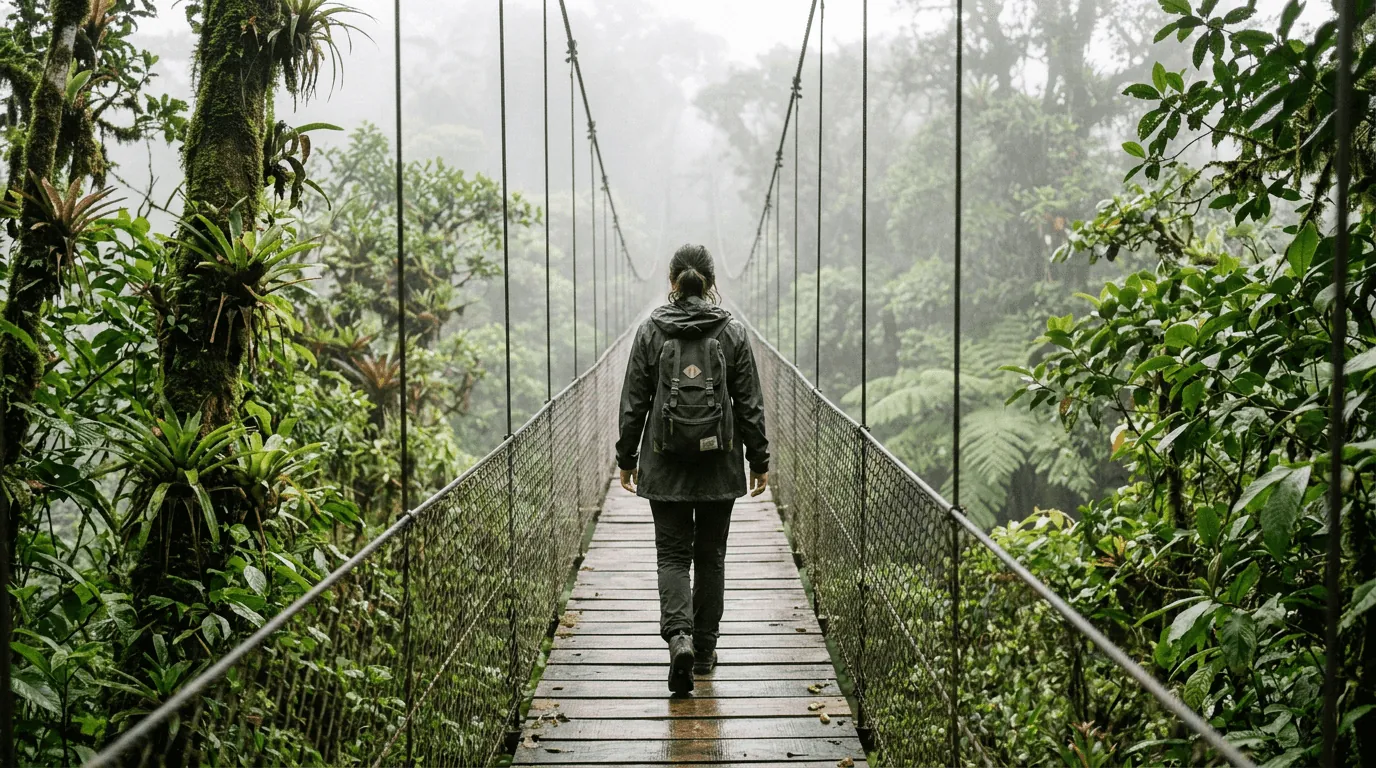 A teacher crosses a misty jungle suspension bridge in Costa Rica — a TEFL Heaven teaching adventure