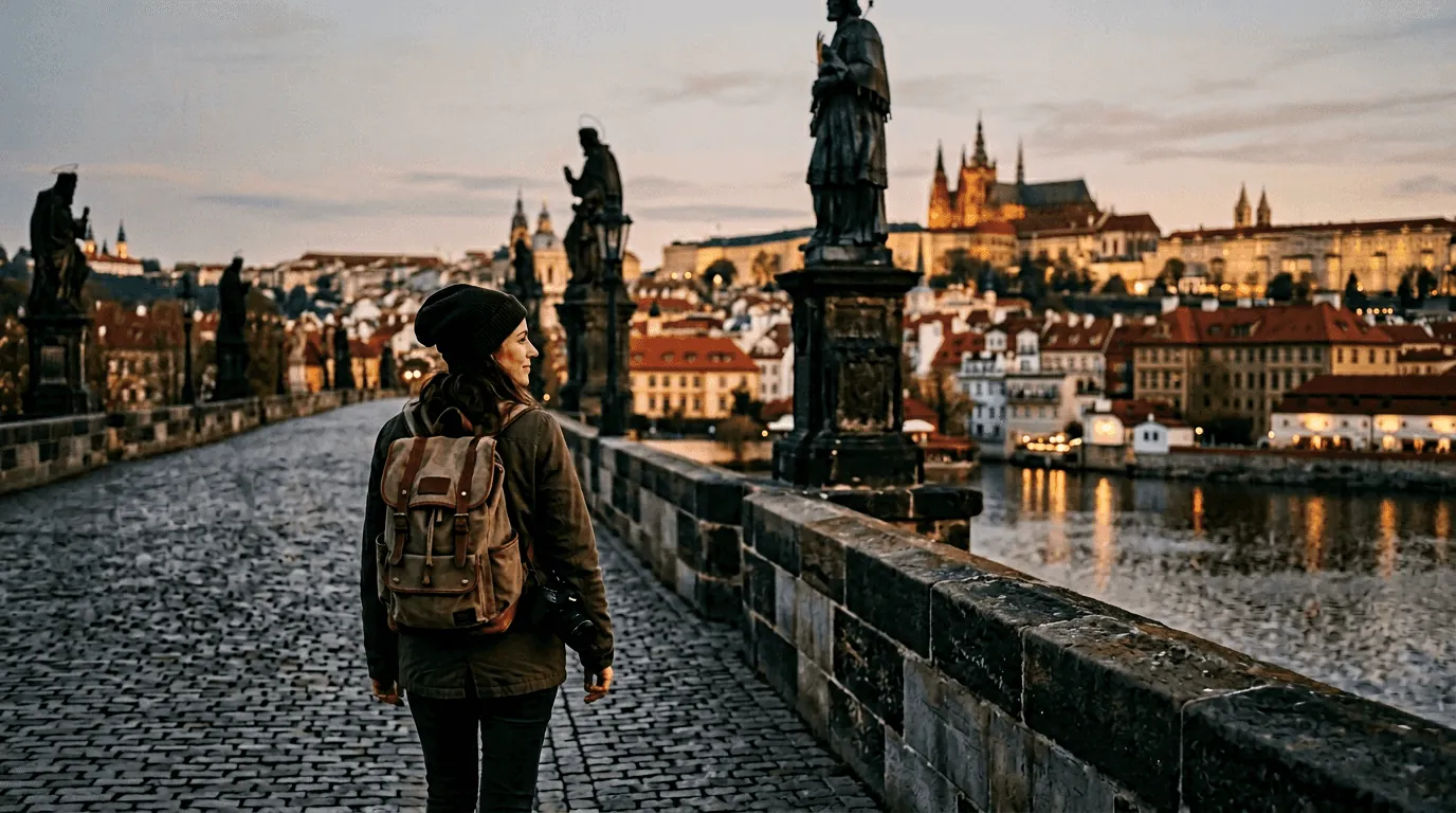 A teacher on Prague's Charles Bridge at golden hour, the castle beyond — teaching abroad with TEFL Heaven
